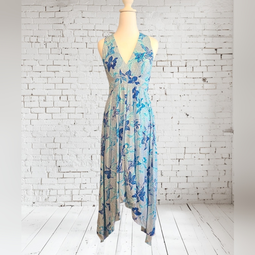NWT Santiki Daphne Halter Dress In Blue Floral Print Sz S